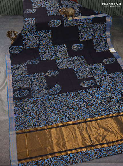Mangalgiri cotton block printed saree black and cs blue with allover prints and zari woven border