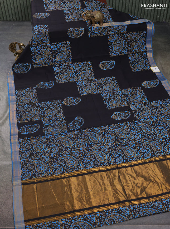 Mangalgiri cotton block printed saree black and cs blue with allover prints and zari woven border