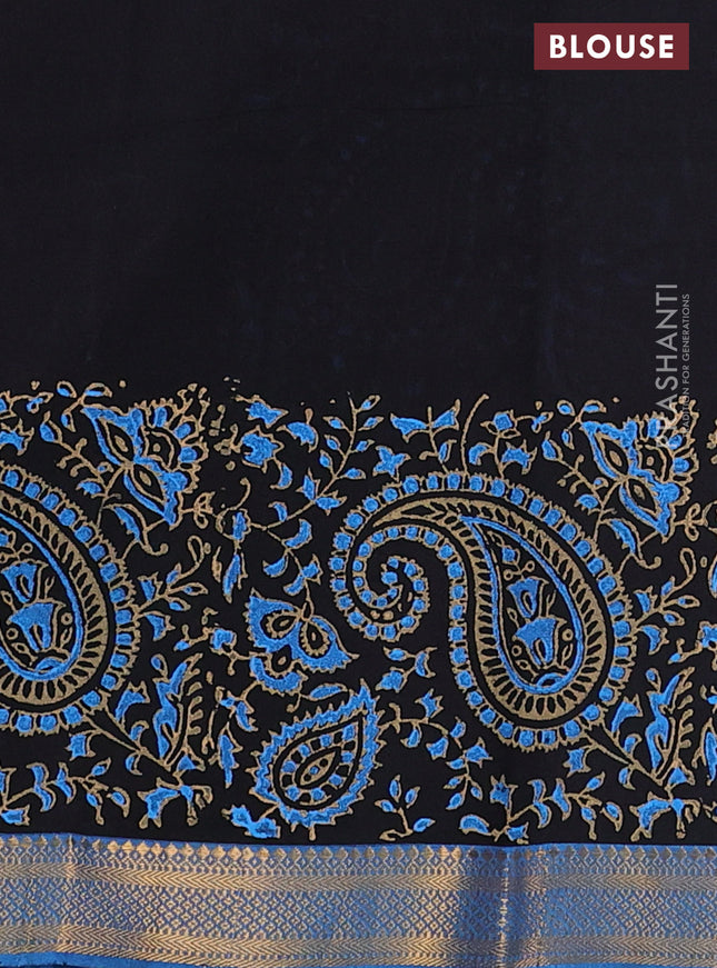 Mangalgiri cotton block printed saree black and cs blue with allover prints and zari woven border