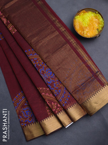 Mangalgiri cotton block printed saree maroon with butta prints and zari woven border