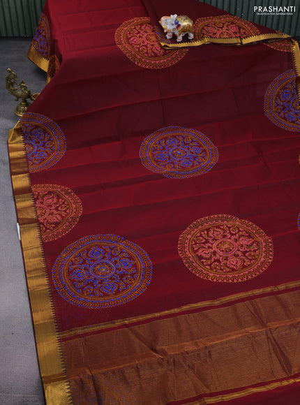 Mangalgiri cotton block printed saree maroon with butta prints and zari woven border