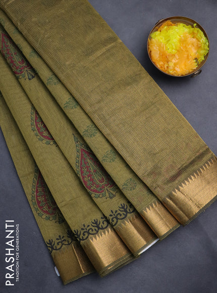 Mangalgiri cotton block printed saree mehendi green with butta prints and zari woven border