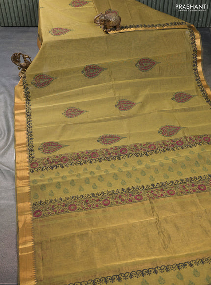 Mangalgiri cotton block printed saree mehendi green with butta prints and zari woven border
