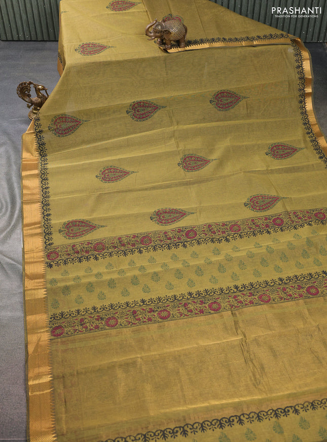 Mangalgiri cotton block printed saree mehendi green with butta prints and zari woven border