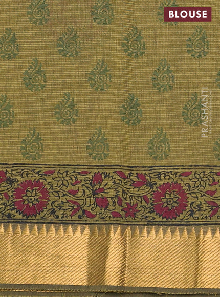 Mangalgiri cotton block printed saree mehendi green with butta prints and zari woven border