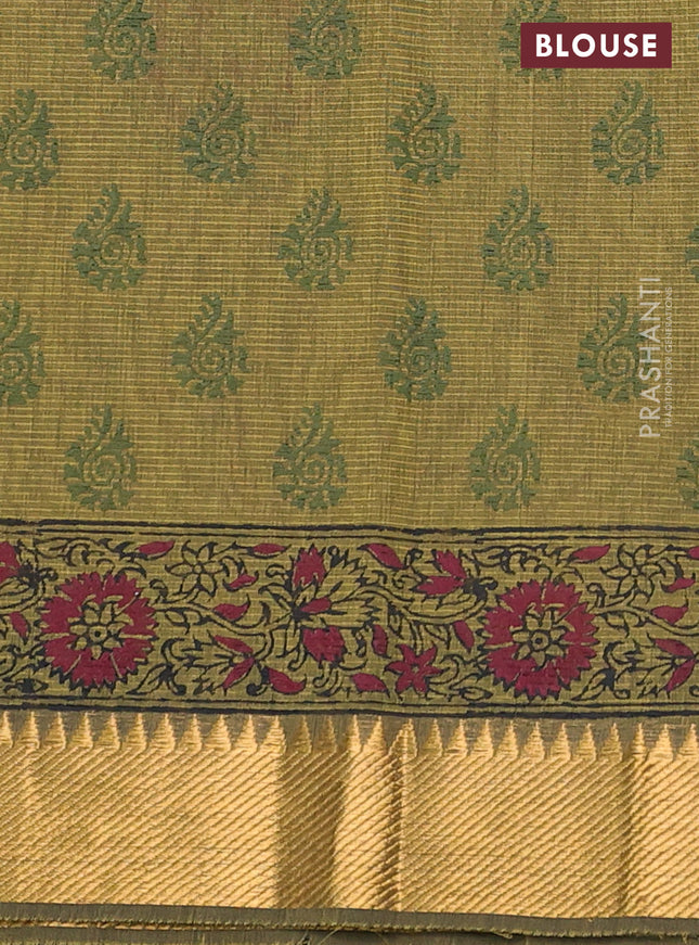 Mangalgiri cotton block printed saree mehendi green with butta prints and zari woven border