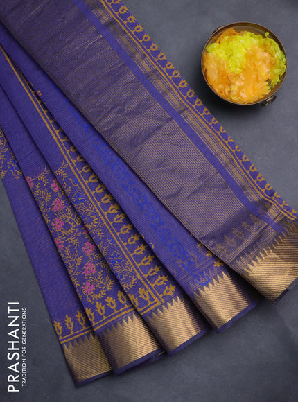 Mangalgiri cotton block printed saree violet shade with allover prints and zari woven border