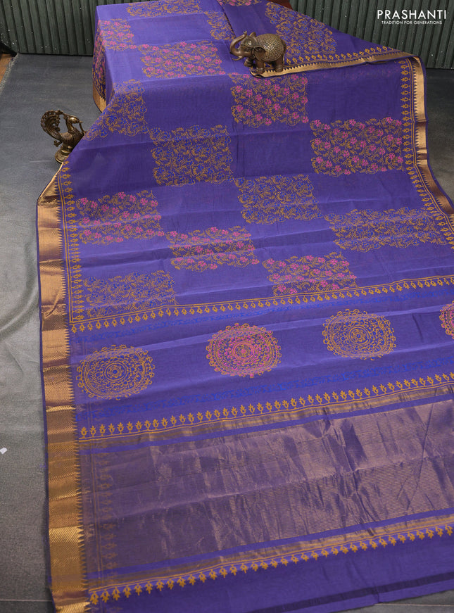 Mangalgiri cotton block printed saree violet shade with allover prints and zari woven border