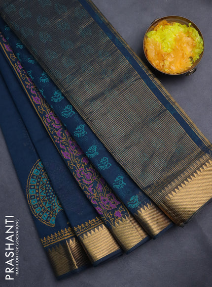 Mangalgiri cotton block printed saree peacock blue with annam butta prints and zari woven border