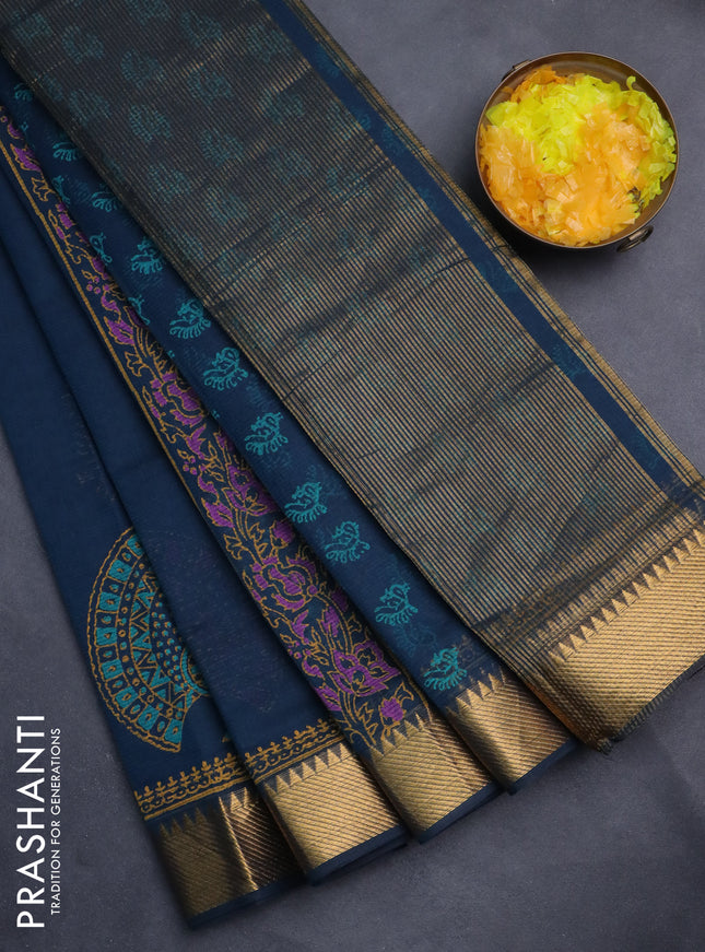 Mangalgiri cotton block printed saree peacock blue with annam butta prints and zari woven border