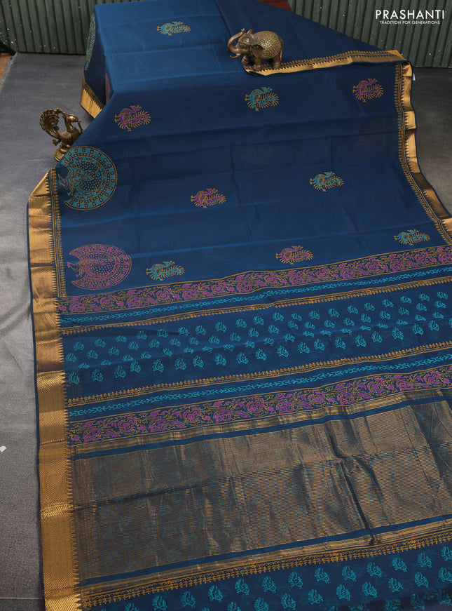 Mangalgiri cotton block printed saree peacock blue with annam butta prints and zari woven border