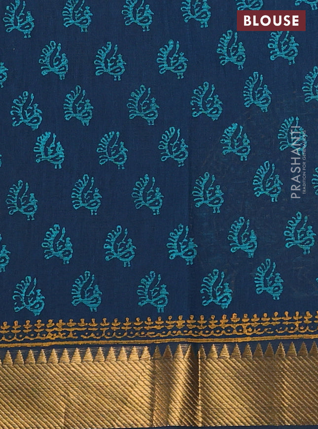 Mangalgiri cotton block printed saree peacock blue with annam butta prints and zari woven border