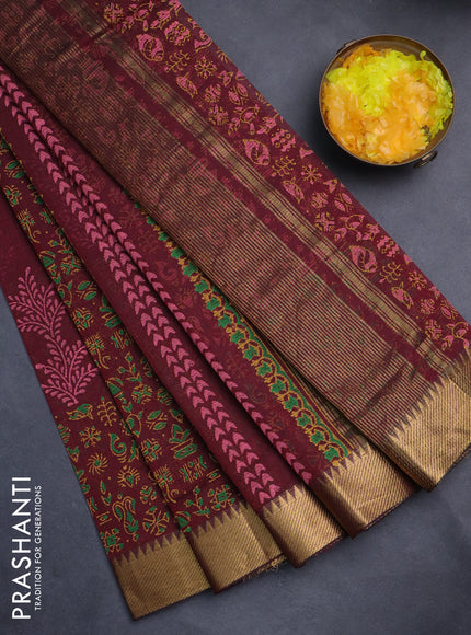 Mangalgiri cotton block printed saree maroon with allover prints and zari woven border