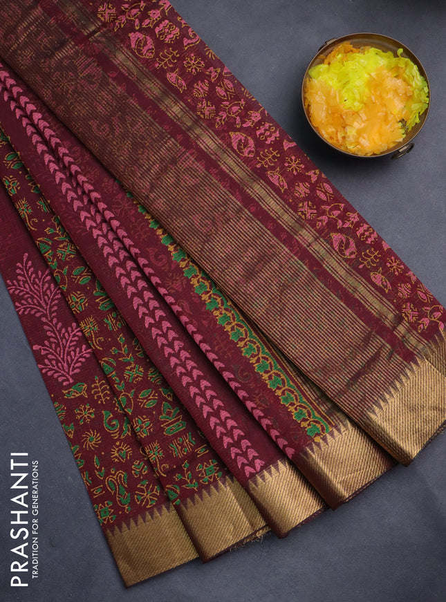 Mangalgiri cotton block printed saree maroon with allover prints and zari woven border