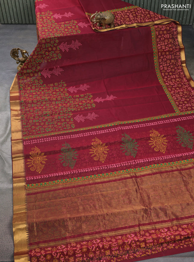 Mangalgiri cotton block printed saree maroon with allover prints and zari woven border