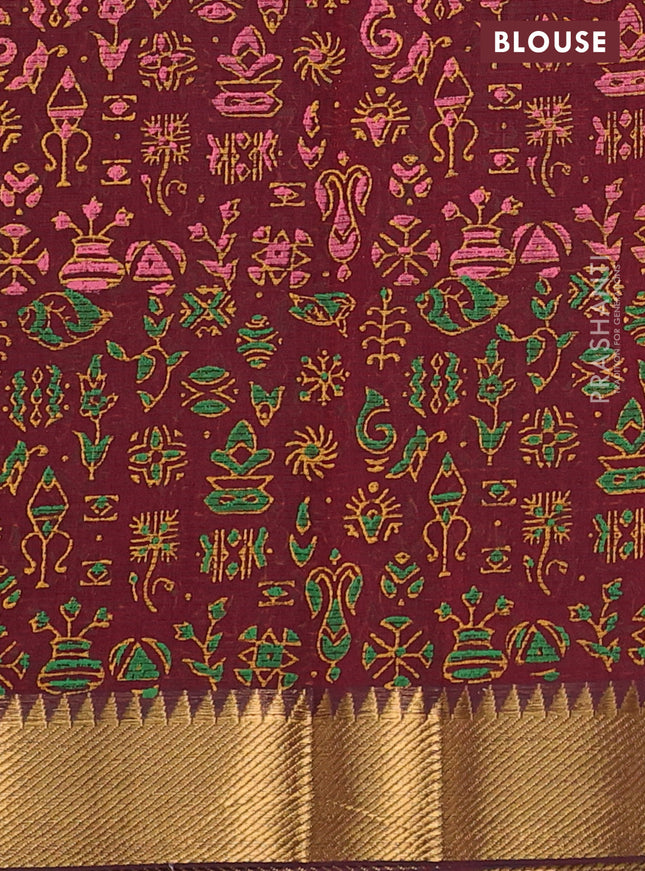 Mangalgiri cotton block printed saree maroon with allover prints and zari woven border