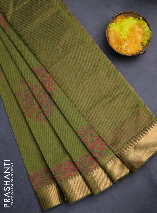 Mangalgiri cotton block printed saree mehendi green with allover prints and zari woven border