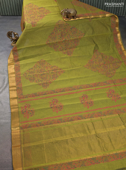 Mangalgiri cotton block printed saree mehendi green with allover prints and zari woven border