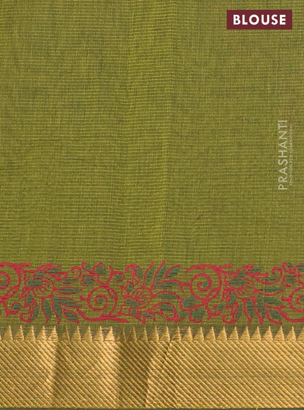 Mangalgiri cotton block printed saree mehendi green with allover prints and zari woven border