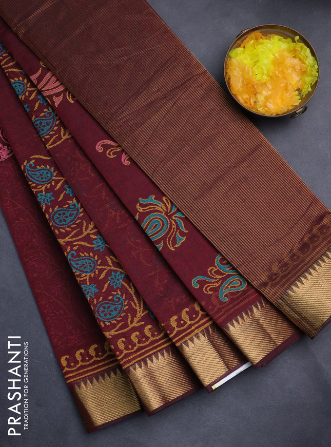 Mangalgiri cotton block printed saree maroon with allover prints and zari woven border