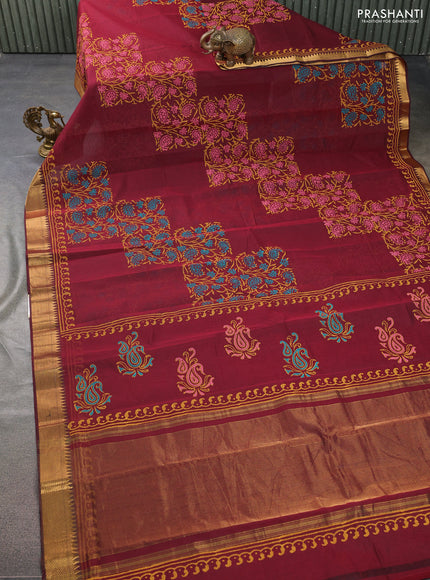 Mangalgiri cotton block printed saree maroon with allover prints and zari woven border
