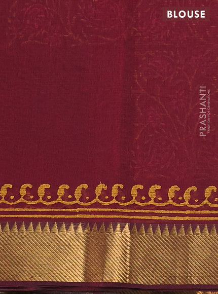 Mangalgiri cotton block printed saree maroon with allover prints and zari woven border
