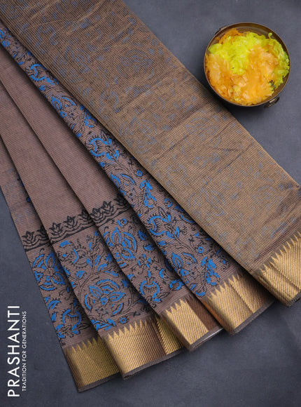 Mangalgiri cotton block printed saree pastel brown with butta prints and zari woven border
