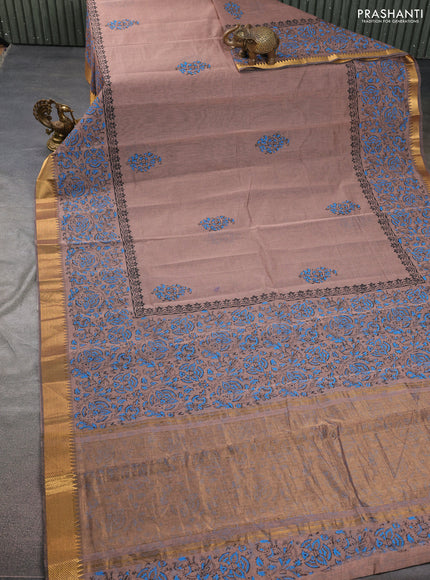 Mangalgiri cotton block printed saree pastel brown with butta prints and zari woven border