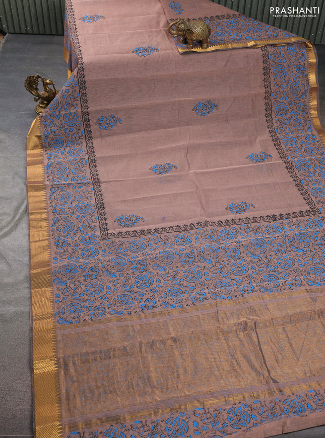 Mangalgiri cotton block printed saree pastel brown with butta prints and zari woven border