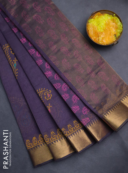 Mangalgiri cotton block printed saree wine shade with butta prints and zari woven border
