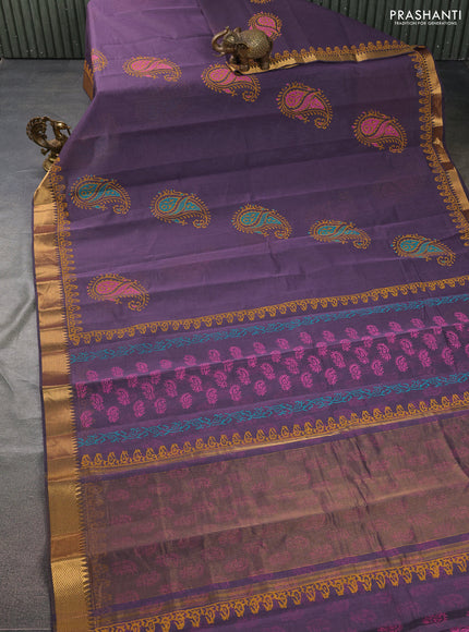 Mangalgiri cotton block printed saree wine shade with butta prints and zari woven border
