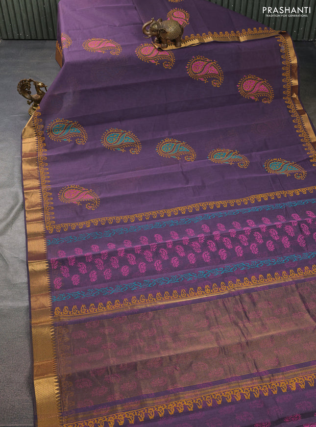Mangalgiri cotton block printed saree wine shade with butta prints and zari woven border
