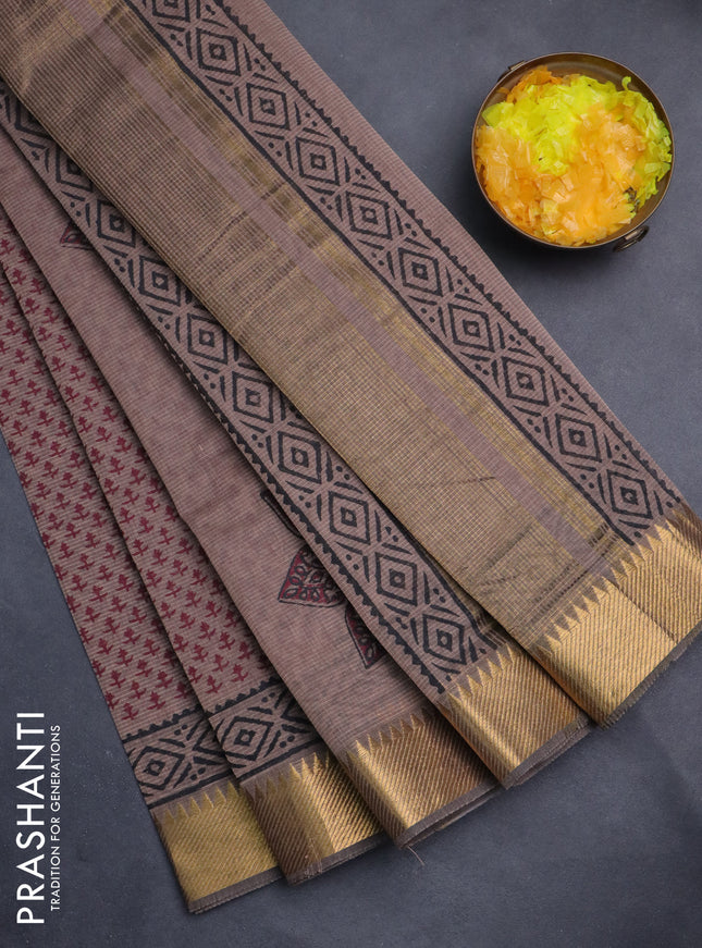 Mangalgiri cotton block printed saree pastel brown with allover butta prints and zari woven border