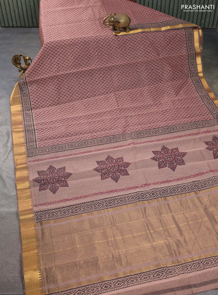 Mangalgiri cotton block printed saree pastel brown with allover butta prints and zari woven border