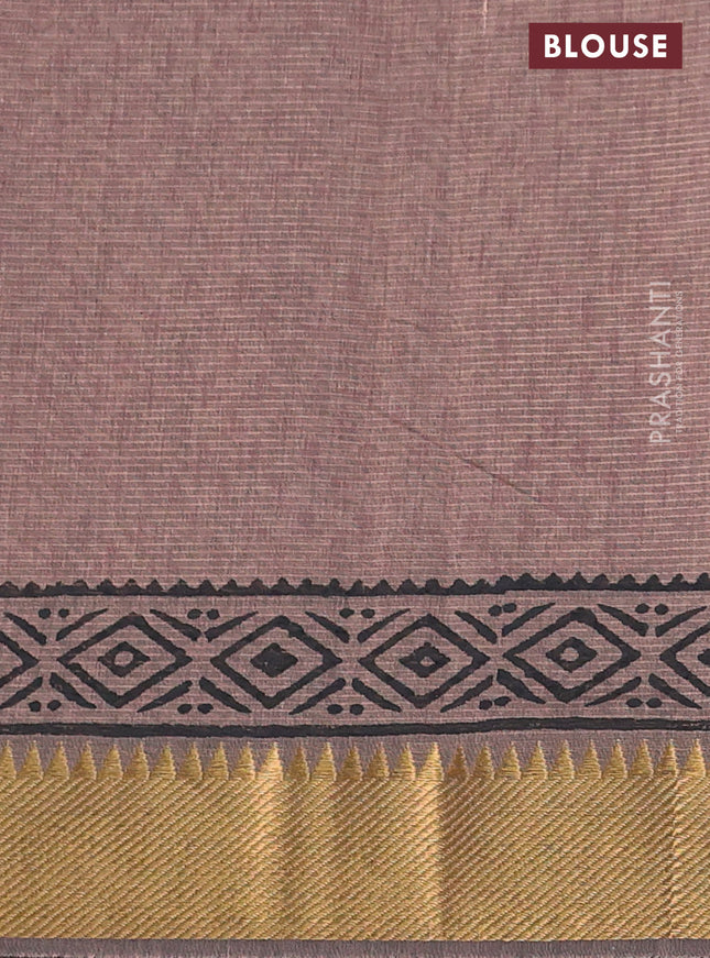 Mangalgiri cotton block printed saree pastel brown with allover butta prints and zari woven border