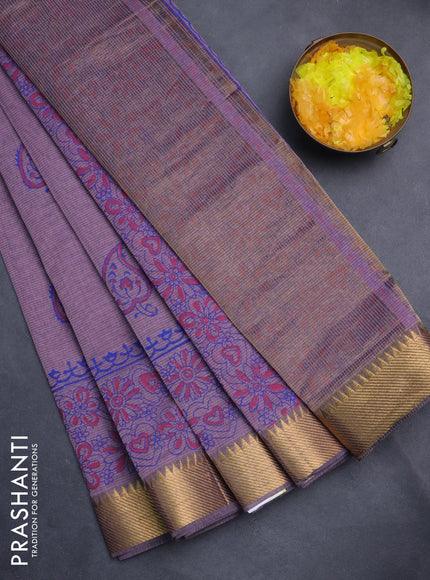 Mangalgiri cotton block printed saree pastel purple with leaf butta prints and zari woven border