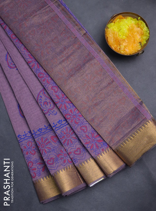 Mangalgiri cotton block printed saree pastel purple with leaf butta prints and zari woven border