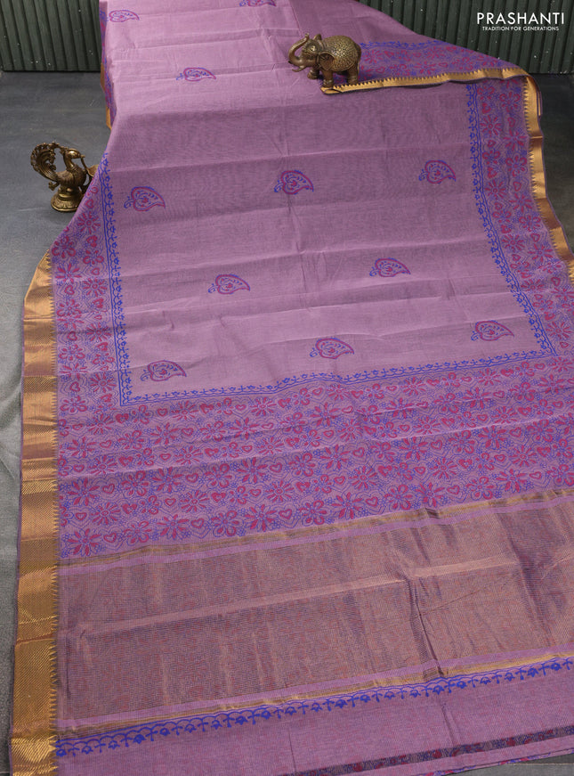 Mangalgiri cotton block printed saree pastel purple with leaf butta prints and zari woven border
