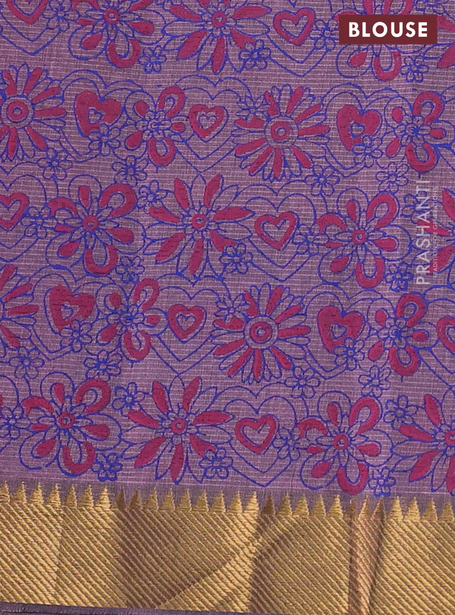 Mangalgiri cotton block printed saree pastel purple with leaf butta prints and zari woven border