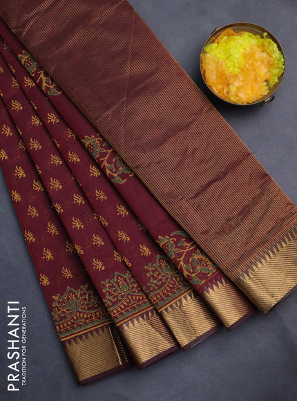 Mangalgiri cotton block printed saree maroon with butta prints and zari woven border