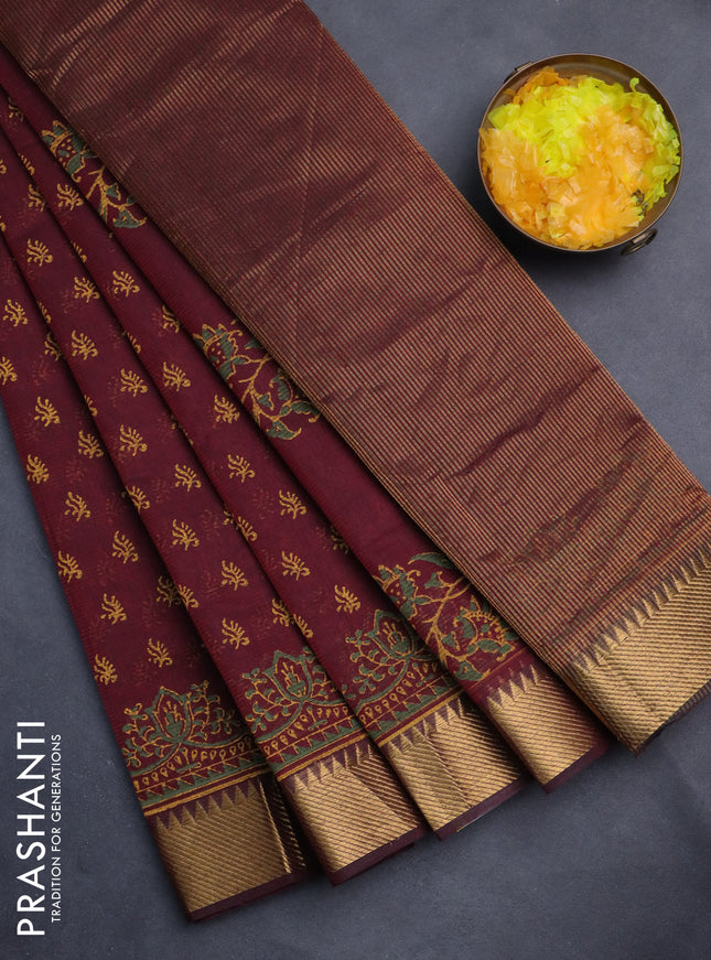 Mangalgiri cotton block printed saree maroon with butta prints and zari woven border