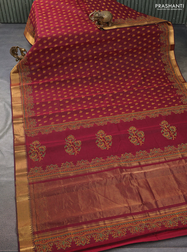 Mangalgiri cotton block printed saree maroon with butta prints and zari woven border
