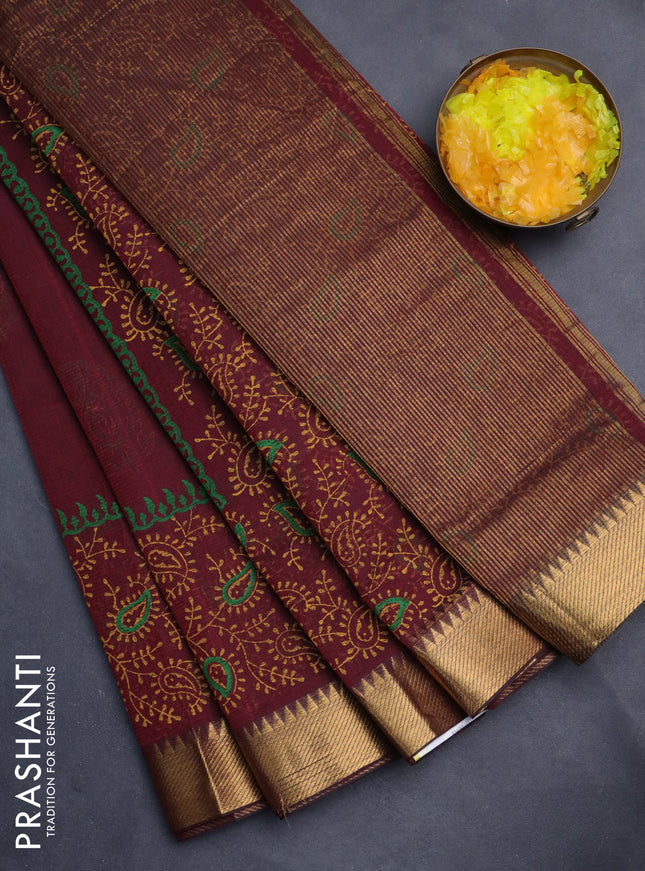 Mangalgiri cotton block printed saree maroon with paisley butta prints and zari woven border