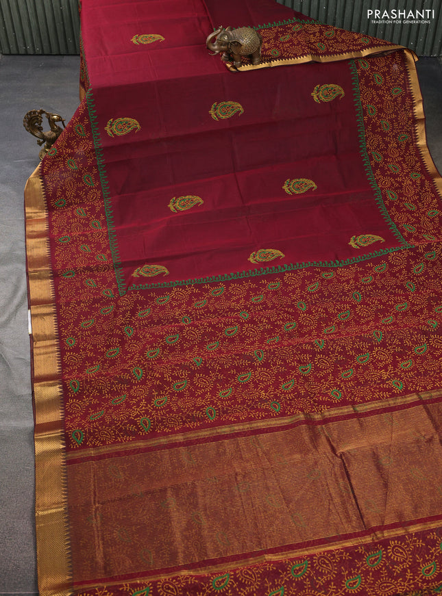 Mangalgiri cotton block printed saree maroon with paisley butta prints and zari woven border