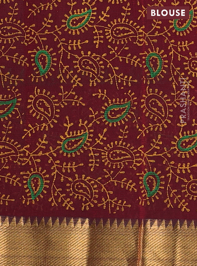 Mangalgiri cotton block printed saree maroon with paisley butta prints and zari woven border