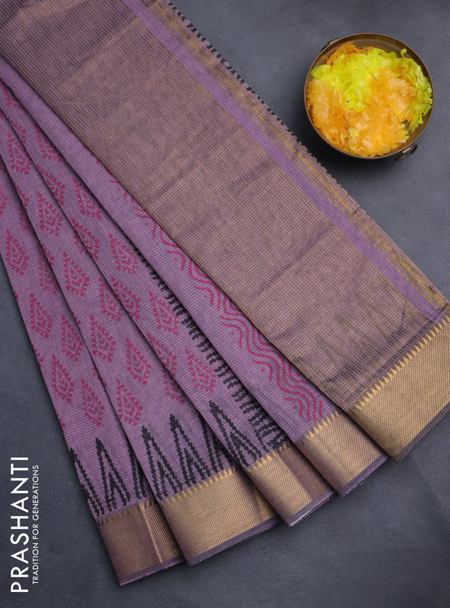 Mangalgiri cotton block printed saree pastel purple with butta prints and zari woven border