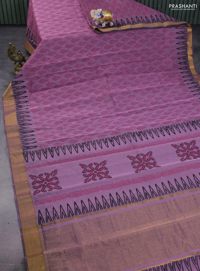 Mangalgiri cotton block printed saree pastel purple with butta prints and zari woven border