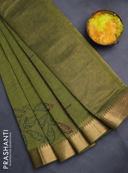 Mangalgiri cotton block printed saree mehendigreen with leaf butta prints and zari woven border
