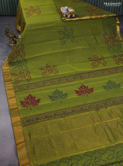 Mangalgiri cotton block printed saree mehendigreen with leaf butta prints and zari woven border