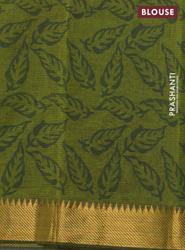 Mangalgiri cotton block printed saree mehendigreen with leaf butta prints and zari woven border
